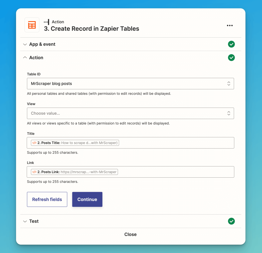 MrScraper create zap step 3